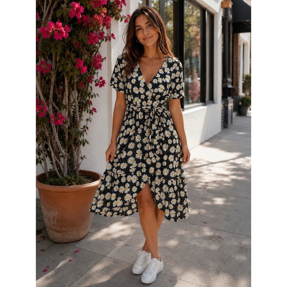 Rewind Daisy Print Floral Faux Wrap Dress M Tie Waist Cottagecore BB28